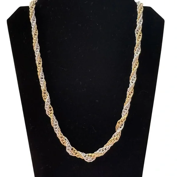 Twisted Rope Chain Necklace Silver Gold Tone Metal 24” Barrel Clasp 2 Tone Woven - Picture 1 of 3